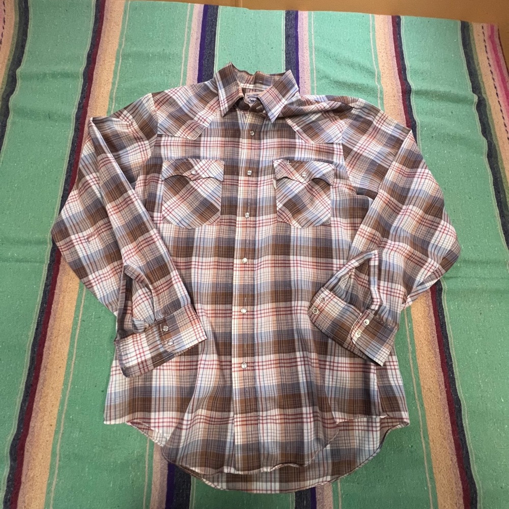 Levis Western Shirt Mens M Brown Plaid Pearl Snap Long Sleeve Vintage Korea